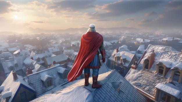 Photo a man stands on a roof looking at a snowy landscape.