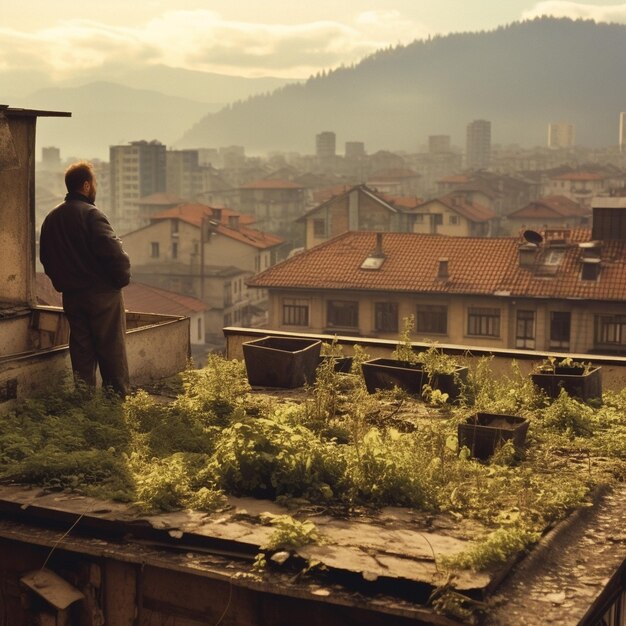 Photo a man stands on a roof overlooking a city