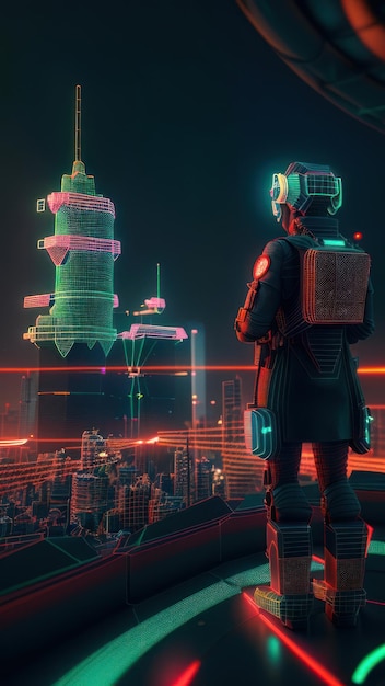 A man stands on a rooftop looking at a futuristic city.