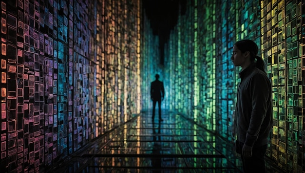 Photo a man stands in a room filled with a luminous complex matrix