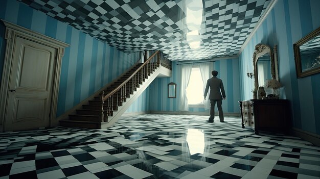 a man stands in a room with a blue and black checkered floor.