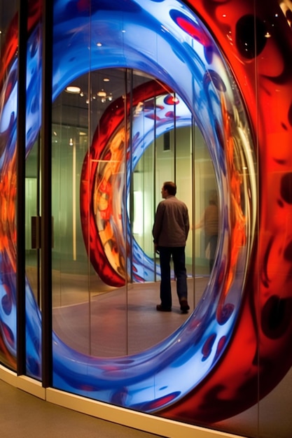 A man stands in a room with a large circle with the word art on it.