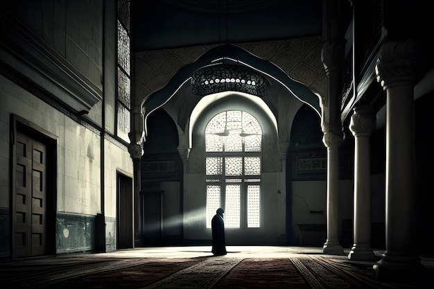 A man stands in a room with a large window in the background