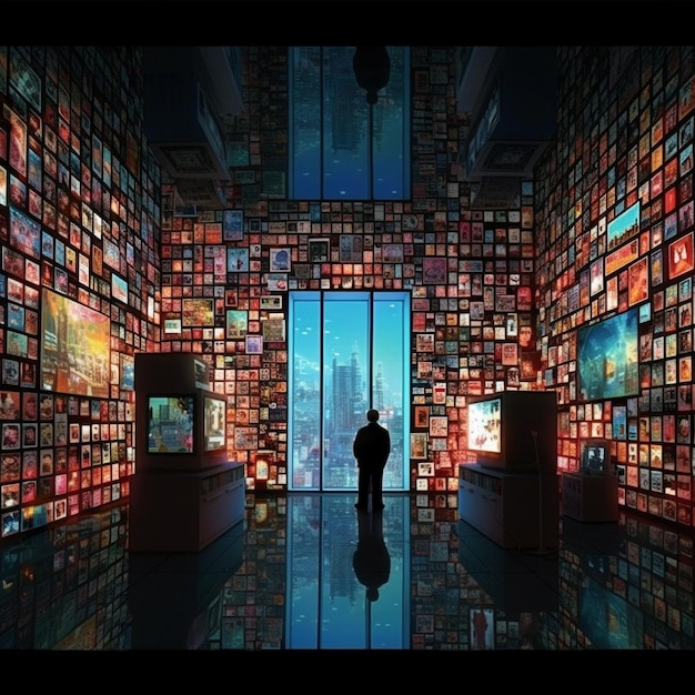 a man stands in a room with many books on the floor