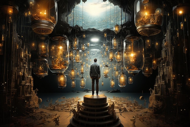 Man stands in a room with many light bulbs explosion of ideas brainstorming for solutions