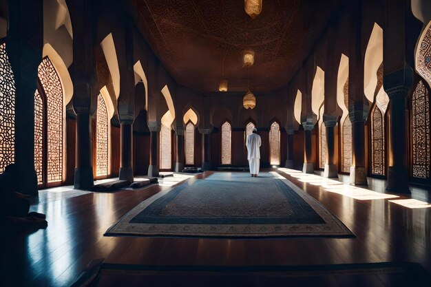 A man stands in a room with a prayer in the middle of the room.