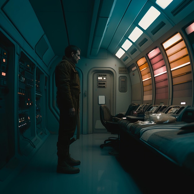 A man stands in a room with a row of chairs and a window that says'star trek'on it.