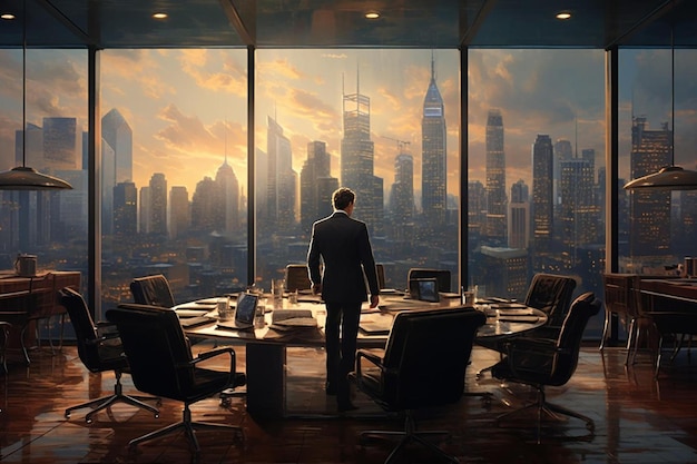 a man stands in a room with a view of the city