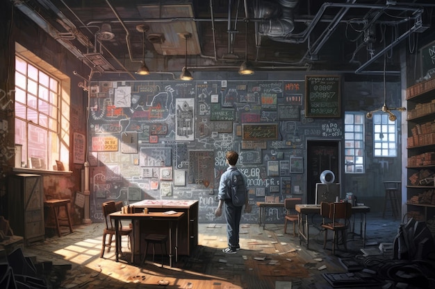 A man stands in a room with a wall covered in posters that say'the word robot '