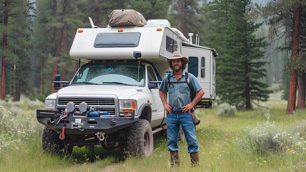 A man stands next to a rv with a trailer on it