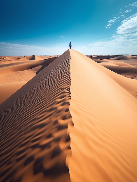 A man stands on a sand dune in the sahara desert.