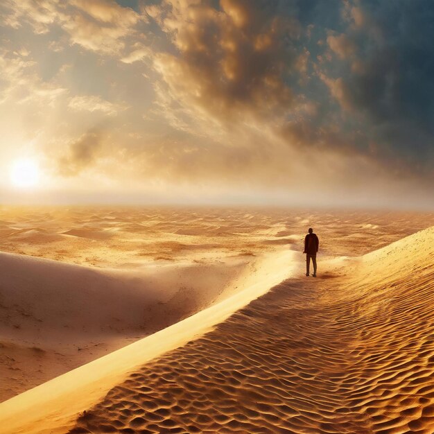 Foto un uomo in piedi nella sabbia di fronte a un tramonto