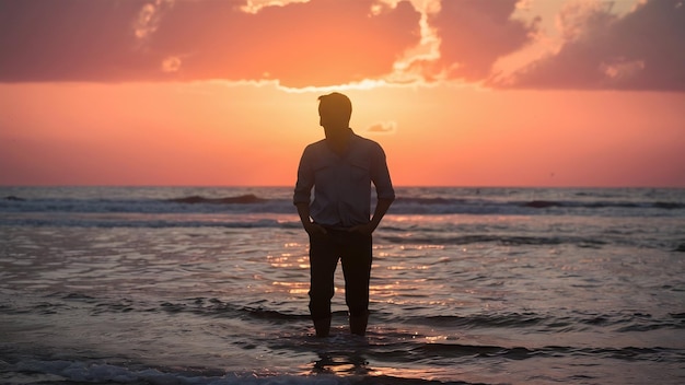 Man stands in the sea water facing sunset