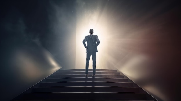 A man stands on a set of stairs with a bright light behind him.