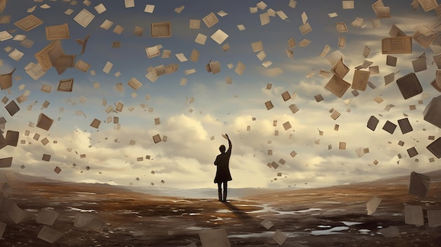 A man stands in the sky with books falling from the sky.