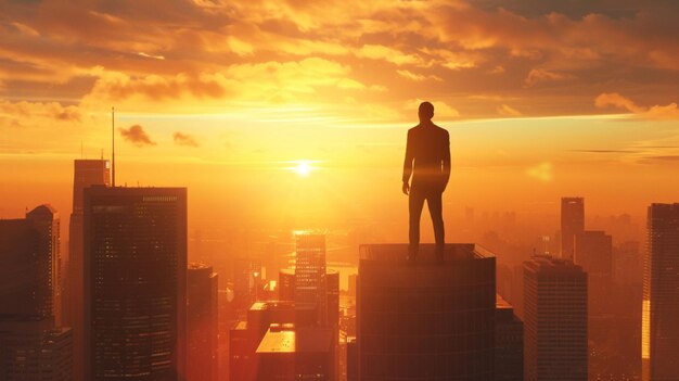 a man stands on a skyscraper above a city