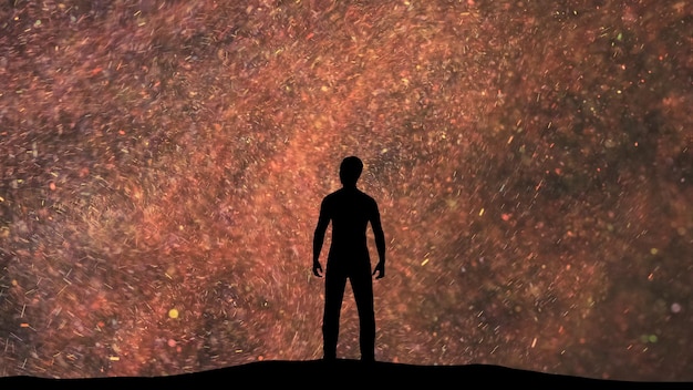 The man stands on small shimmering particles background