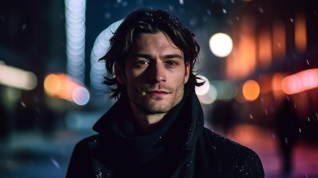 A man stands in the snow in the city of london.