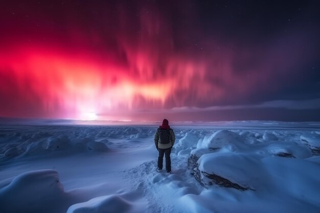 Photo a man stands on a snowy beach looking at the northern lights.