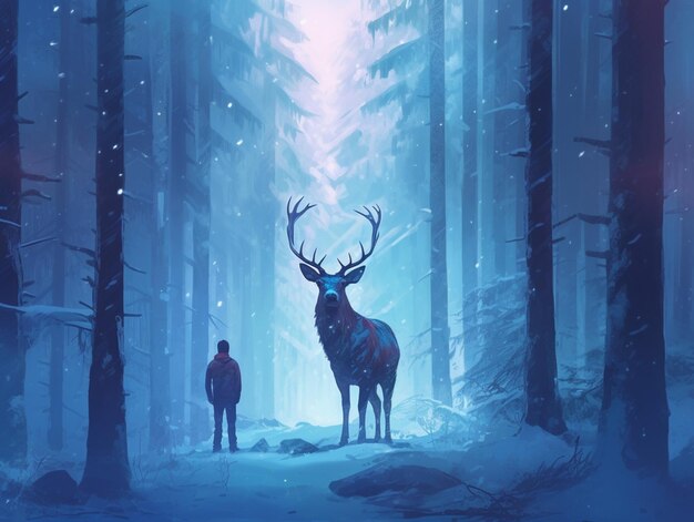 A man stands in a snowy forest with a deer in front of him.