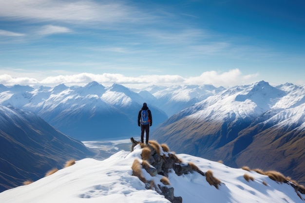 A man stands on a snowy mountain top with mountains in the background.