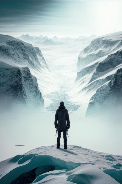 A man stands on a snowy mountain with a mountain in the background.
