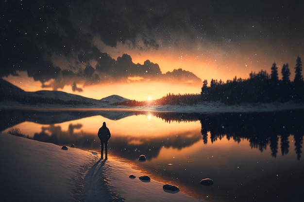 A man stands on a snowy shore in front of a sunset.