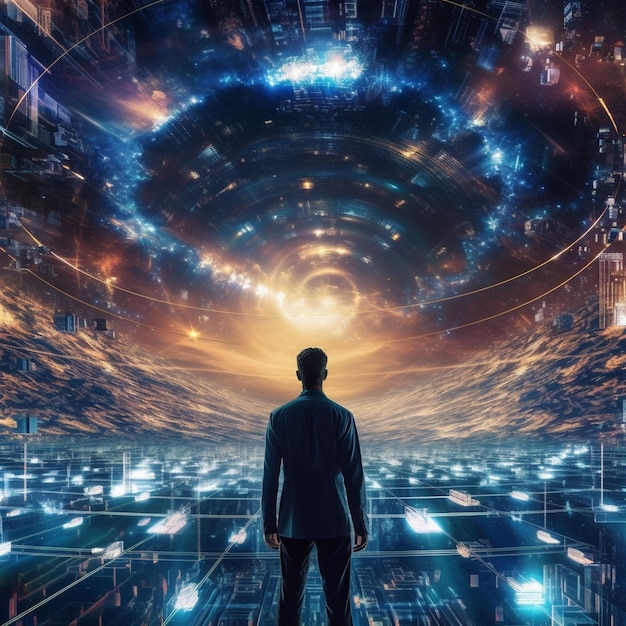 a man stands in a space with a man looking at the space.