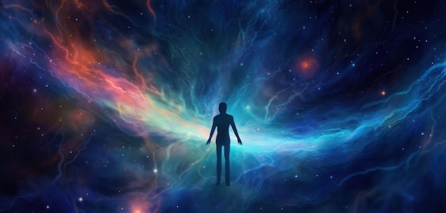 A man stands in a space with the words'the universe'on it