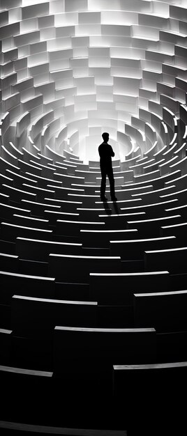 a man stands in a spiral shaped maze