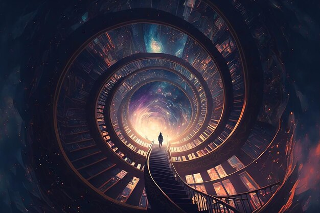 A man stands in a spiral staircase in a spiral tunnel.