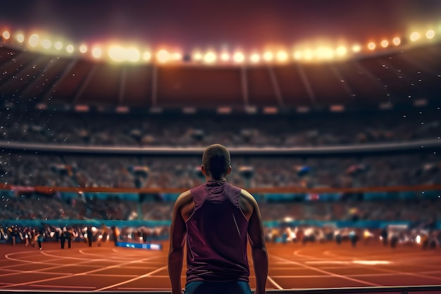 A man stands in a stadium with the words " olympic " on the wall.