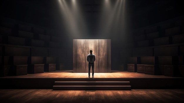 A man stands on a stage in front of a large screen that says'the word'on it '