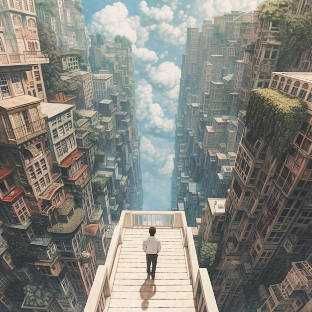 A man stands on a staircase in a city with a sky background.