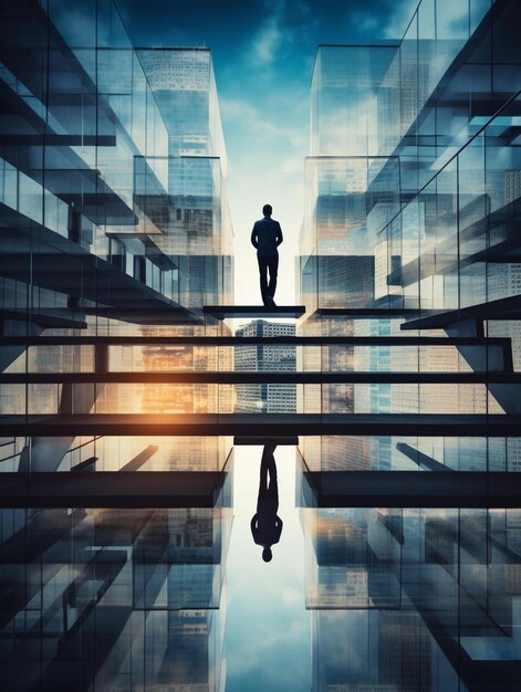 Photo a man stands on a staircase and looks at the sky