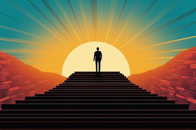 a man stands on a staircase and looks at the sun