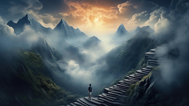 a man stands on the stairs of a mountain with mountains in the background.