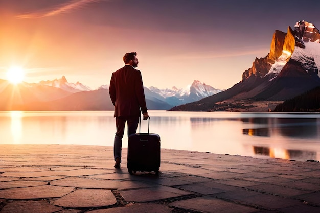 A man stands on a stone walkway with a suitcase in front of a mountain range