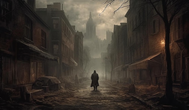 大きな建物を背景に、暗闇の中の通りに男が立っています。