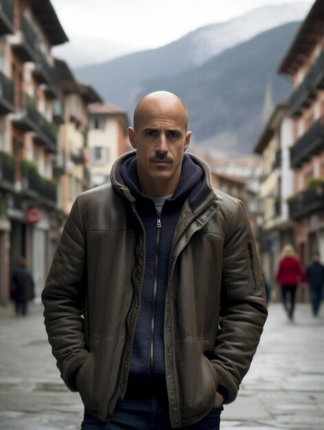 Photo a man stands in the street in front of a mountain