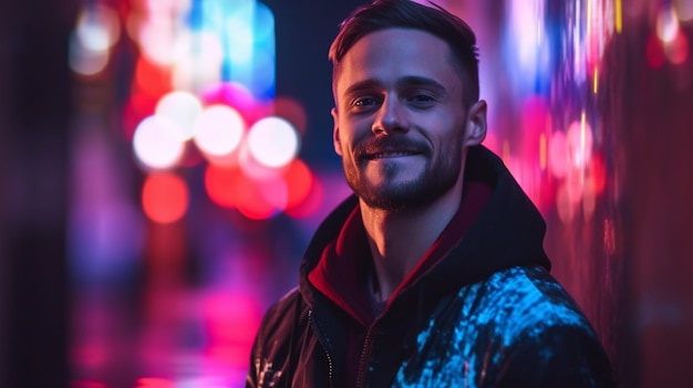 A man stands in the street in front of a neon light.