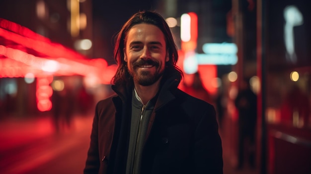 A man stands in the street in front of a neon sign that says'i'm a man '