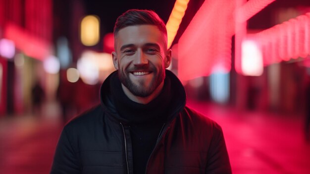 A man stands in the street in front of a red light.