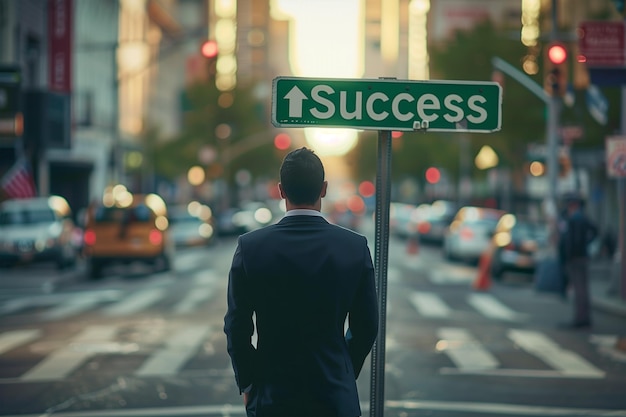 Photo a man stands in the street with a sign that says success