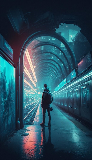 A man stands in a subway station looking at a subway with a neon sign that says'the city of london '