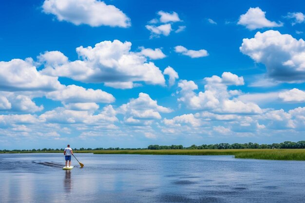 空に雲がある水の中のサーフボードに立っている男
