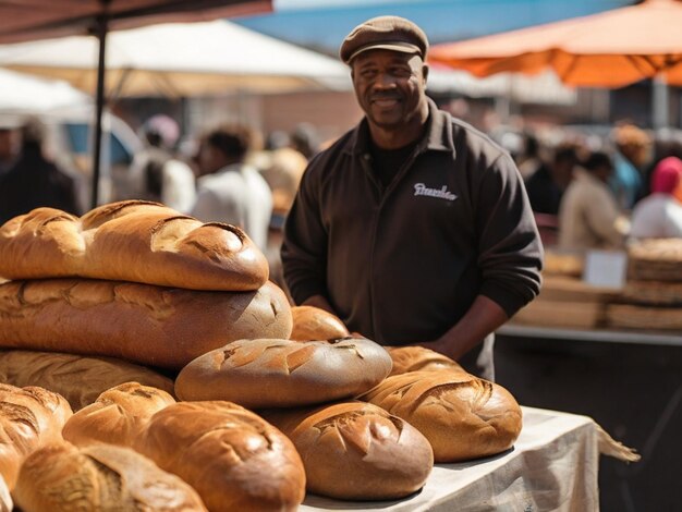 Photo a man stands behind a table full of breads