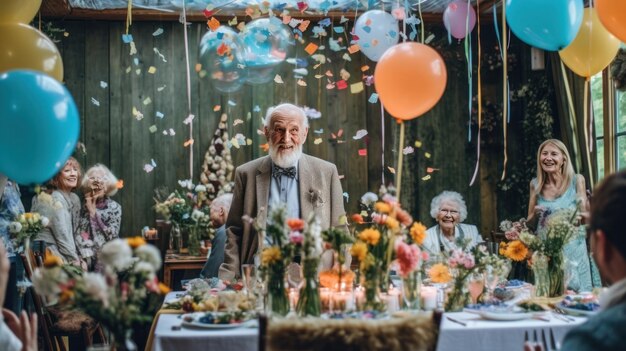 Photo a man stands at a table with a table full of flowers and confetti on it.