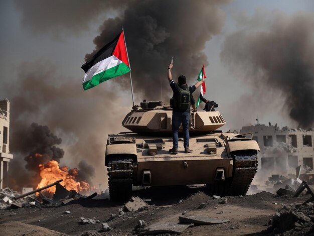 Photo a man stands on a tank celebrating palestinian independence