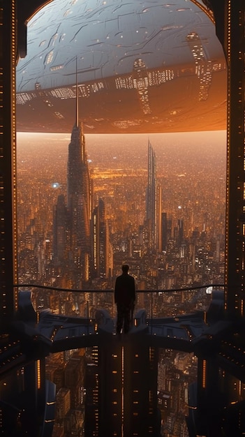 A man stands at the top of a building looking out to a city.